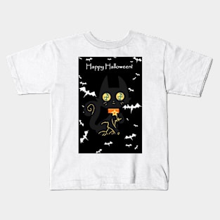 "Happy Halloween" Star Collar Black Cat Kids T-Shirt